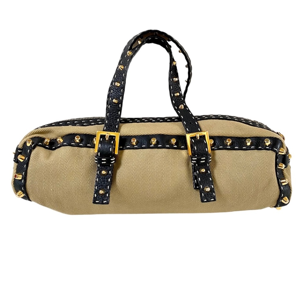 FENDI SELLERIA CANVAS HANDBAG WITH LEATHER TRIM, VINTAGE, TAN / BLACK